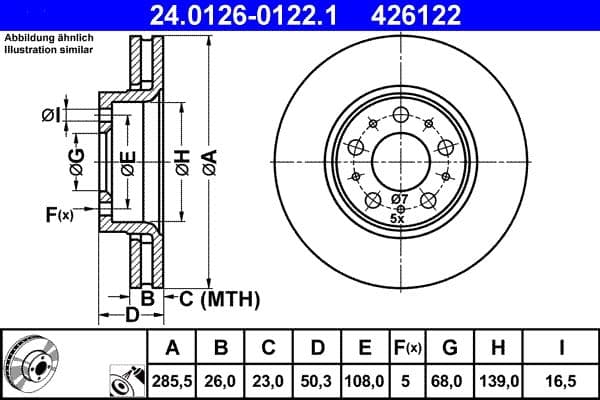 ATE disque de frein 24.0126-0122.1 ventilé diamètre 285,5 épaisseur 26 mm 5 trous