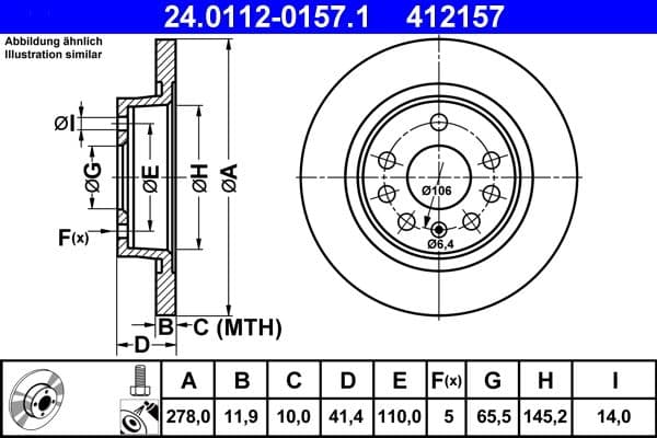ATE disque de frein 24.0112-0157.1 plein diamètre 278 épaisseur 11,9 mm 5 trous