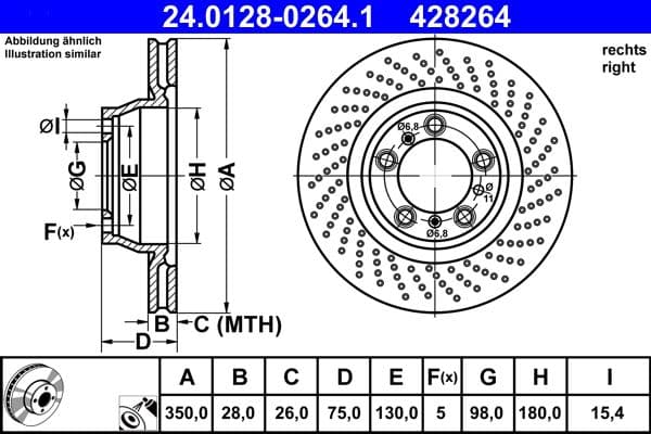 ATE disque de frein 428264 ventilé diamètre 350 épaisseur 28 mm 5 trous