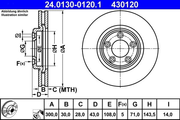 ATE disque de frein 24.0130-0120.1 ventilé diamètre 300 épaisseur 30 mm 5 trous