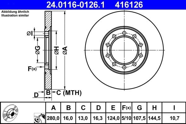 ATE disque de frein 24.0116-0126.1 plein diamètre 280 épaisseur 16 mm 5 trous