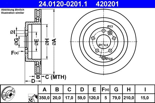 ATE disque de frein 24.0120-0201.1 ventilé diamètre 350 épaisseur 20 mm 5 trous