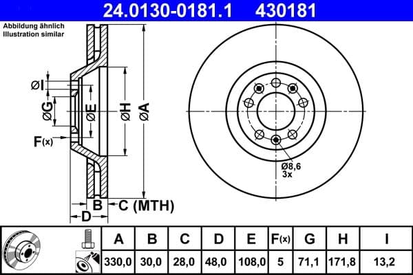 ATE disque de frein 24.0130-0181.1 ventilé diamètre 330 épaisseur 30 mm 5 trous