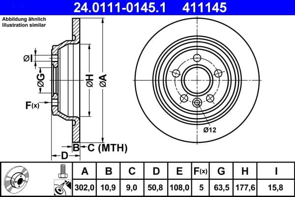 ATE Bremsscheibe 24.0111-0145.1 voll Durchmesser 302 Stärke 10,9 mm 5 Bohrungen