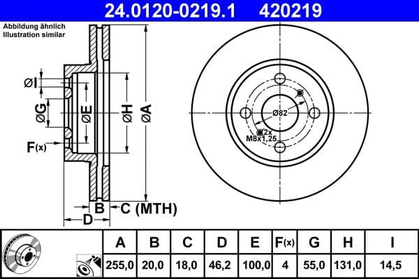 ATE disque de frein 24.0120-0219.1 ventilé diamètre 255 épaisseur 20 mm 4 trous