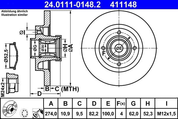 ATE Bremsscheibe 24.0111-0148.2 voll Durchmesser 274 Stärke 10,9 mm 4 Bohrungen