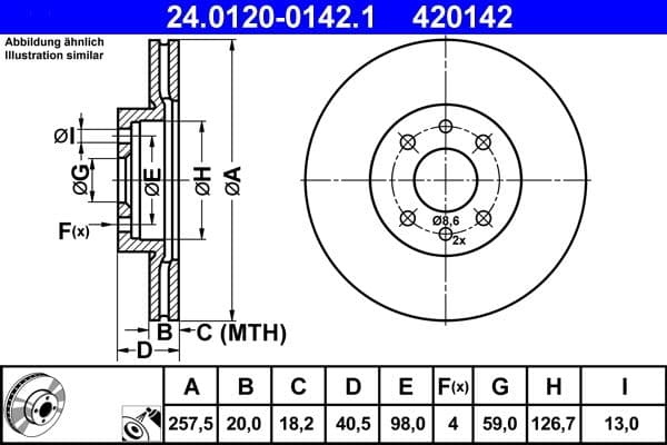 ATE disque de frein 24.0120-0142.1 ventilé diamètre 257,5 épaisseur 20 mm 4 trous
