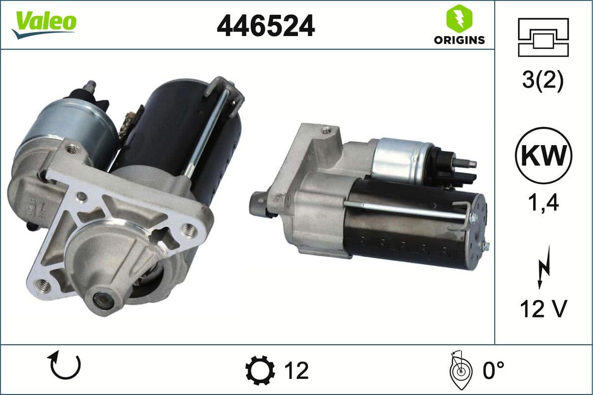VALEO 446524 démarreur 12 V puissance démarreur 1,4 kW nombre de dents 12