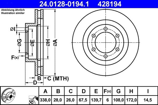 ATE Bremsscheibe 24.0128-0194.1 belüftet Durchmesser 338 Stärke 28 mm 6 Bohrungen