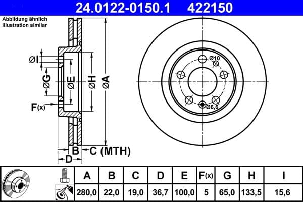 ATE disque de frein 24.0122-0150.1 ventilé diamètre 280 épaisseur 22 mm 5 trous