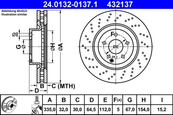 ATE disque de frein 24.0132-0137.1 ventilé diamètre 335 épaisseur 32 mm 5 trous