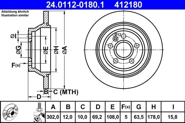 ATE Bremsscheibe 24.0112-0180.1 voll Durchmesser 302 Stärke 12 mm 5 Bohrungen