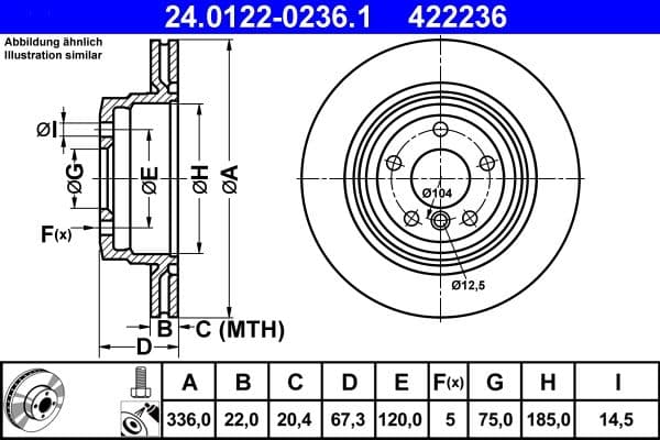 ATE disque de frein 24.0122-0236.1 ventilé diamètre 336 épaisseur 22 mm 5 trous