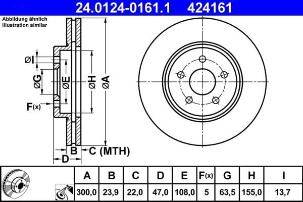 ATE disque de frein 24.0124-0161.1 ventilé diamètre 300 épaisseur 23,9 mm 5 trous
