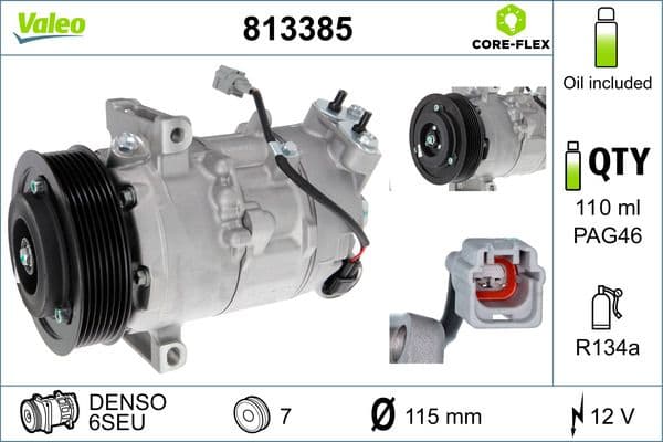VALEO 813385 Compresseur climatisation 6SEU R134a diamètre 115 mm 7 gorges