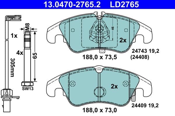 ATE Bremsbeläge LD2765 188x73,5 Stärke 19,2 mm mit Warnkontakt