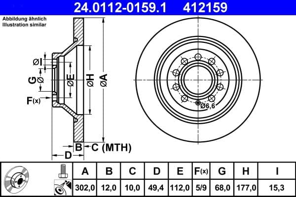 ATE disque de frein 24.0112-0159.1 plein diamètre 302 épaisseur 12 mm 5 trous