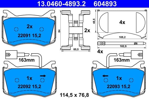ATE Bremsbeläge 604893 114,5x76,8 Stärke 15,2 mm mit Warnkontakt