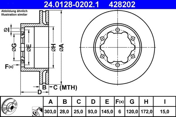 ATE Bremsscheibe 24.0128-0202.1 belüftet Durchmesser 303 Stärke 28 mm 6 Bohrungen