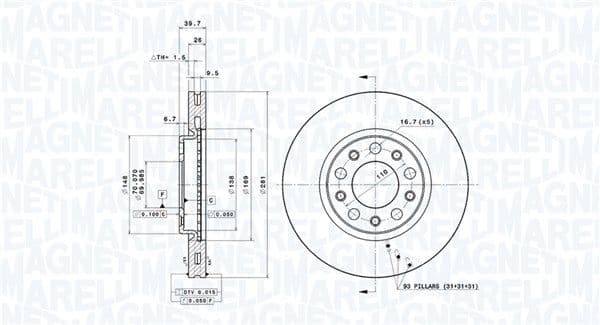 MAGNETI MARELLI disque de frein MBD0112 ventilé diamètre 281 épaisseur 26 mm 5 trous