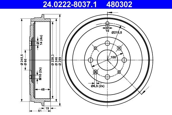 ATE 24.0222-8037.1 Tambour de frein 228 mm 4 trous entraxe 100 mm