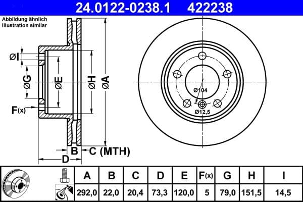 ATE disque de frein 24.0122-0238.1 ventilé diamètre 292 épaisseur 22 mm 5 trous