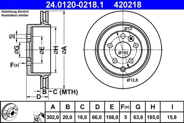 ATE Bremsscheibe 24.0120-0218.1 belüftet Durchmesser 302 Stärke 20 mm 5 Bohrungen