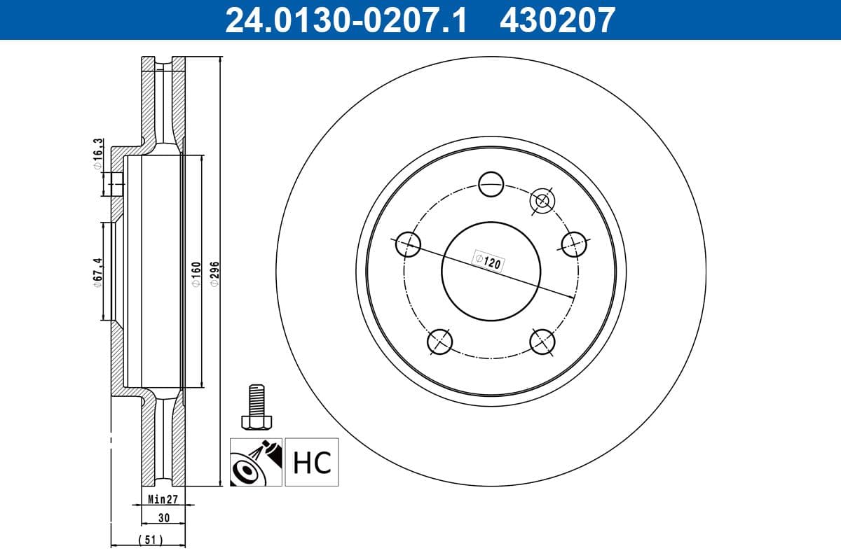 ATE disque de frein 24.0130-0207.1 ventilé diamètre 296 épaisseur 30 mm 5 trous