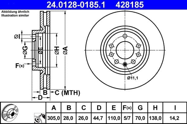 ATE Bremsscheibe 24.0128-0185.1 belüftet Durchmesser 305 Stärke 28 mm 5 Bohrungen