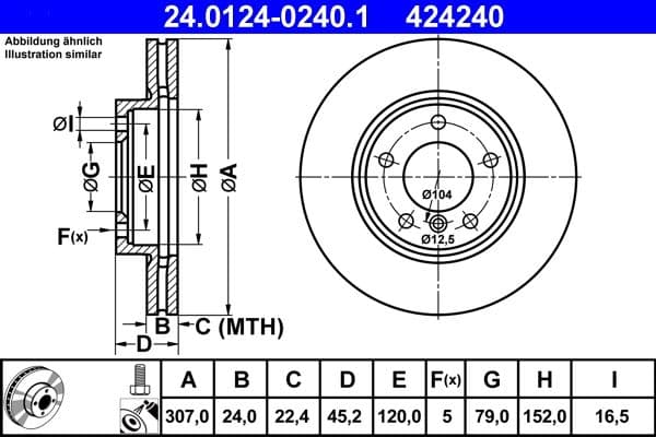 ATE disque de frein 24.0124-0240.1 ventilé diamètre 307 épaisseur 24 mm 5 trous