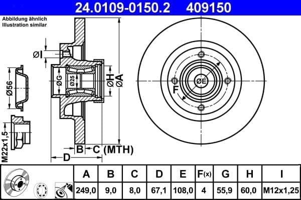 ATE Bremsscheibe 24.0109-0150.2 voll Durchmesser 249 Stärke 9 mm 4 Bohrungen