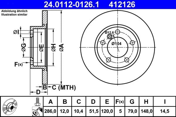 ATE Bremsscheibe 24.0112-0126.1 voll Durchmesser 286 Stärke 12 mm 5 Bohrungen