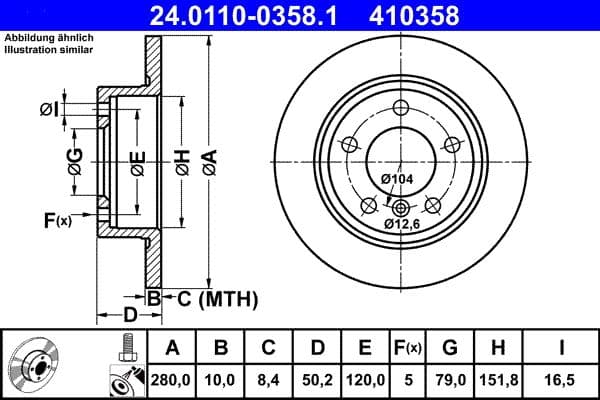 ATE disque de frein 24.0110-0358.1 plein diamètre 280 épaisseur 10 mm 5 trous
