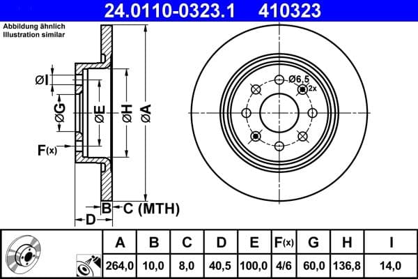 ATE disque de frein 24.0110-0323.1 plein diamètre 264 épaisseur 10 mm 4 trous