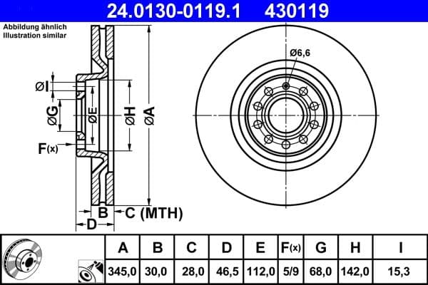 ATE disque de frein 24.0130-0119.1 ventilé diamètre 345 épaisseur 30 mm 5 trous