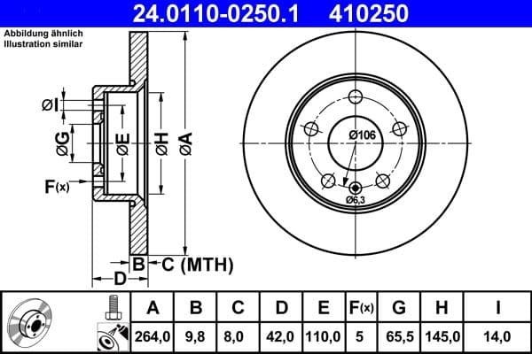 ATE disque de frein 24.0110-0250.1 plein diamètre 264 épaisseur 9,8 mm 5 trous