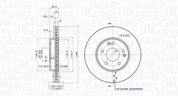 MAGNETI MARELLI disque de frein 361302040194 ventilé diamètre 288 épaisseur 25 mm 5 trous