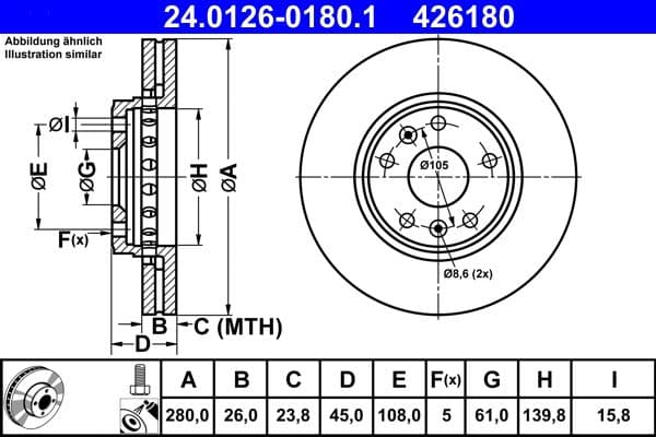 ATE disque de frein 426180 ventilé diamètre 280 épaisseur 26 mm 5 trous