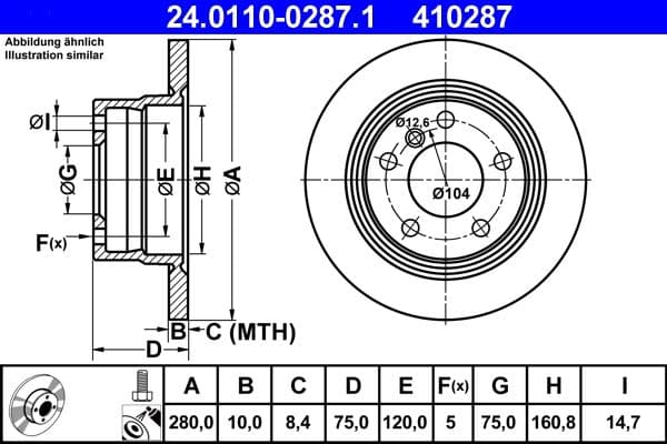 ATE disque de frein 24.0110-0287.1 plein diamètre 280 épaisseur 10 mm 5 trous