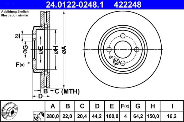 ATE Bremsscheibe 24.0122-0248.1 belüftet Durchmesser 280 Stärke 22 mm 4 Bohrungen