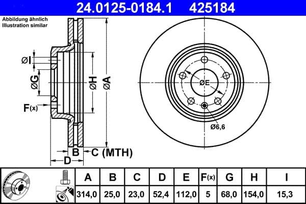 ATE Bremsscheibe 24.0125-0184.1 belüftet Durchmesser 314 Stärke 25 mm 5 Bohrungen