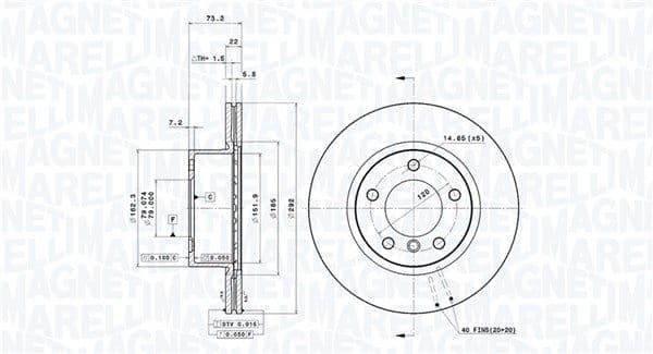 MAGNETI MARELLI disque de frein 361302040128 ventilé diamètre 292 épaisseur 22 mm 5 trous