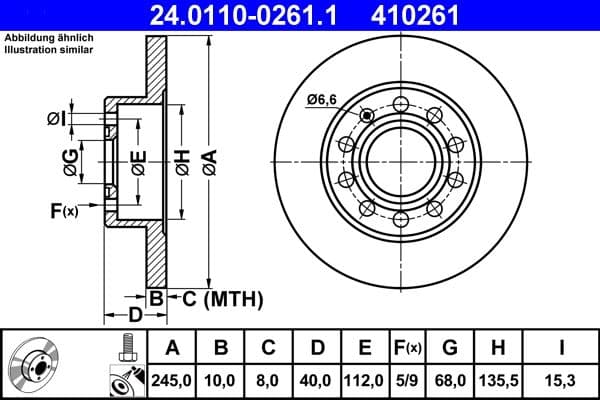 ATE Bremsscheibe 24.0110-0261.1 voll Durchmesser 245 Stärke 10 mm 5 Bohrungen