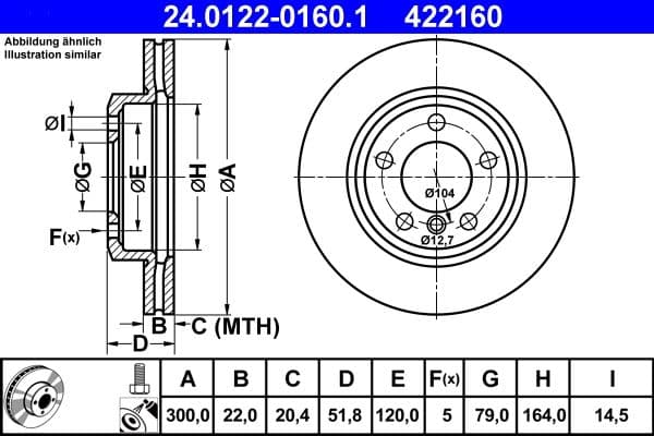 ATE disque de frein 24.0122-0160.1 ventilé diamètre 300 épaisseur 22 mm 5 trous