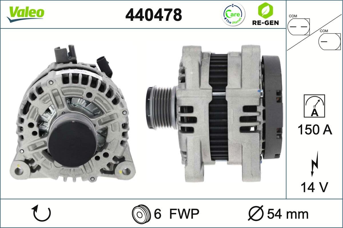 VALEO 440478 alternateur pour circuit électrique 14 V 150 A avec poulie 6 nervures