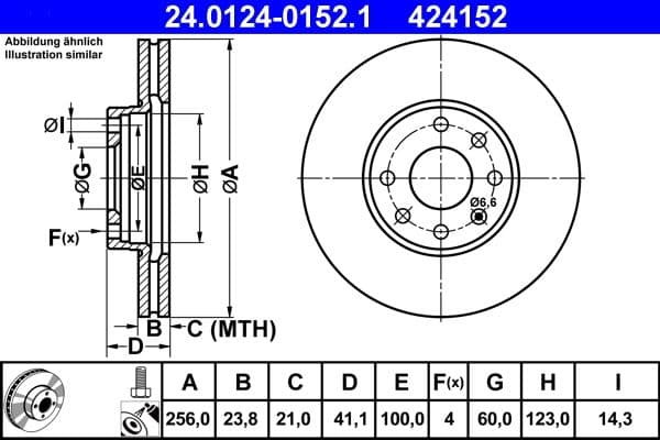 ATE Bremsscheibe 24.0124-0152.1 belüftet Durchmesser 256 Stärke 23,8 mm 4 Bohrungen