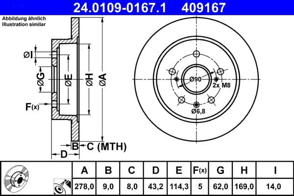 ATE Bremsscheibe 24.0109-0167.1 voll Durchmesser 278 Stärke 9 mm 5 Bohrungen