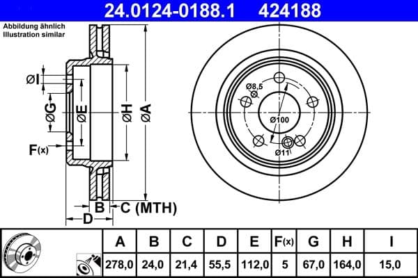 ATE disque de frein 24.0124-0188.1 ventilé diamètre 278 épaisseur 24 mm 5 trous
