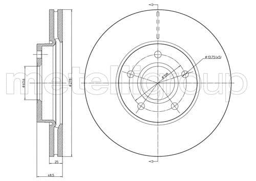 METELLI disque de frein 23-0685C ventilé diamètre 278 épaisseur 25 mm 5 trous