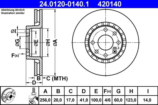 ATE disque de frein 24.0120-0140.1 ventilé diamètre 256 épaisseur 20 mm 4 trous